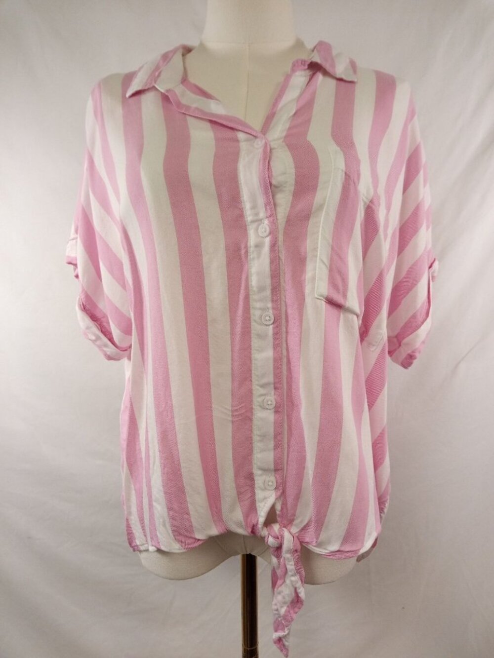BeachLunchLounge Rosie Cabana Pink and White Front Button Down Blouse/Shirt L